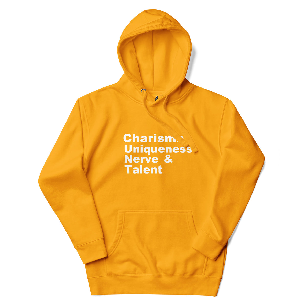 A bright yellow pullover hoodie with a white graphic text print reading 'LIFT HEAVY. EAT ASS.