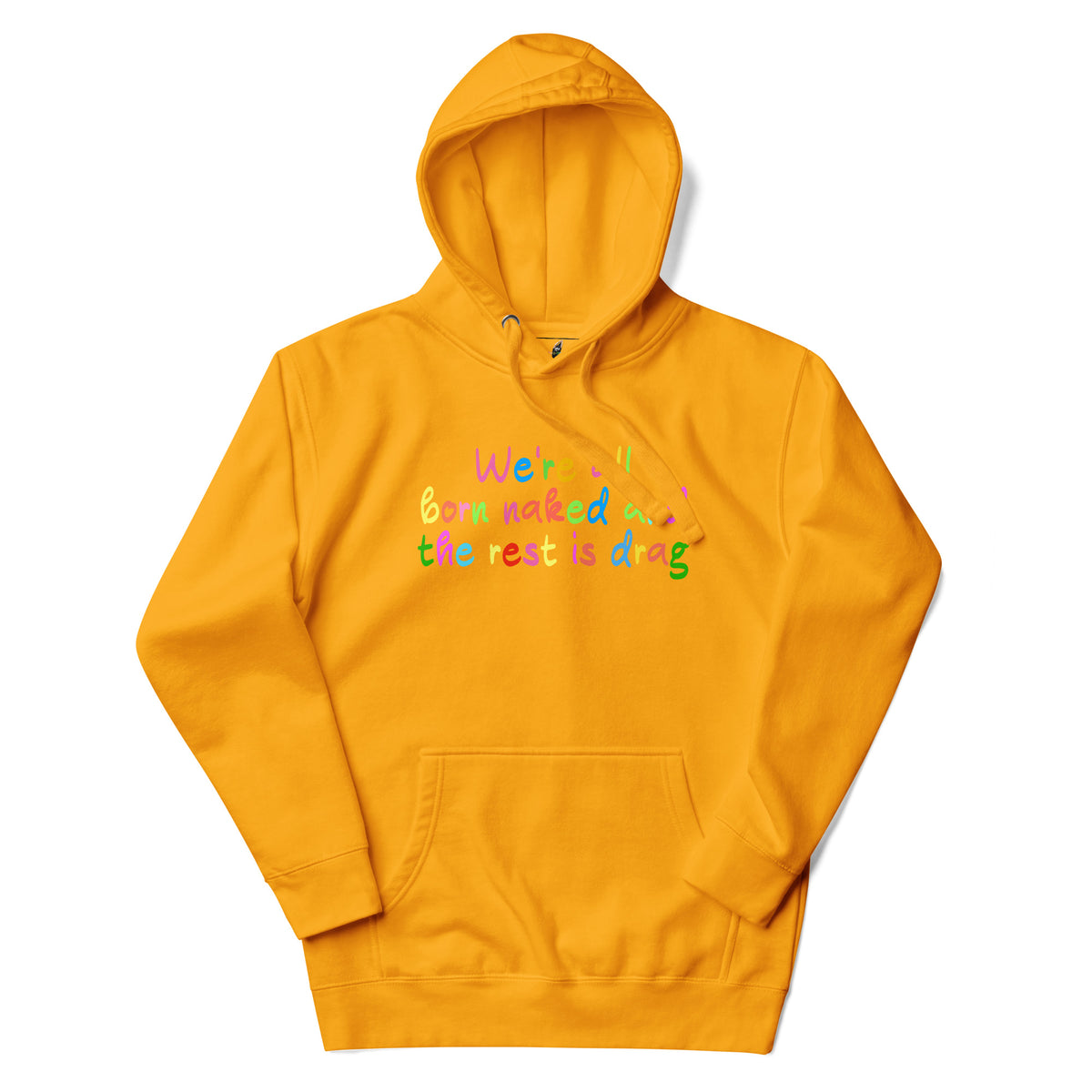 A bright yellow pullover hoodie with a colorful text graphic on the chest reading 'We're all beginners.