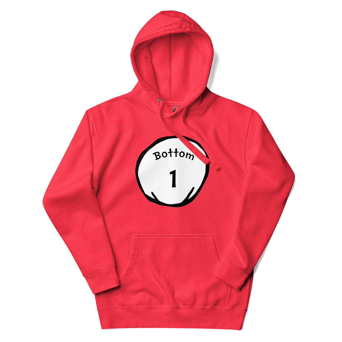 A red pullover hoodie with a white circular graphic on the chest containing the text 'Bottom 1' in black, shown against a plain white background.