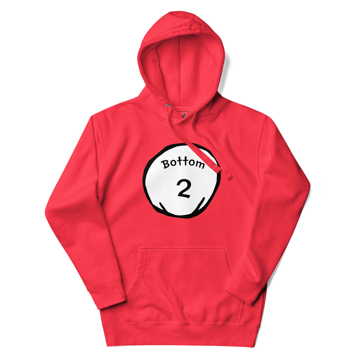 A red pullover hoodie with a graphic print on the chest depicting a white circle with the text 'Bottom 2' in black, shown against a plain white background.