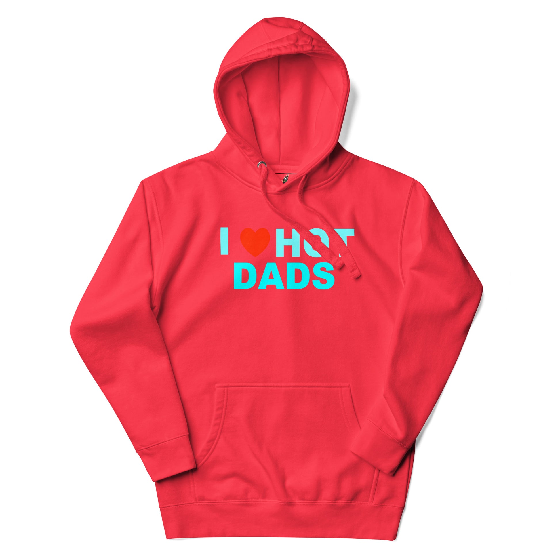 A red pullover hoodie with a front kangaroo pocket and a graphic print reading 'I [red heart] HOT DADS' in white and bright cyan lettering, shown on a plain white background.