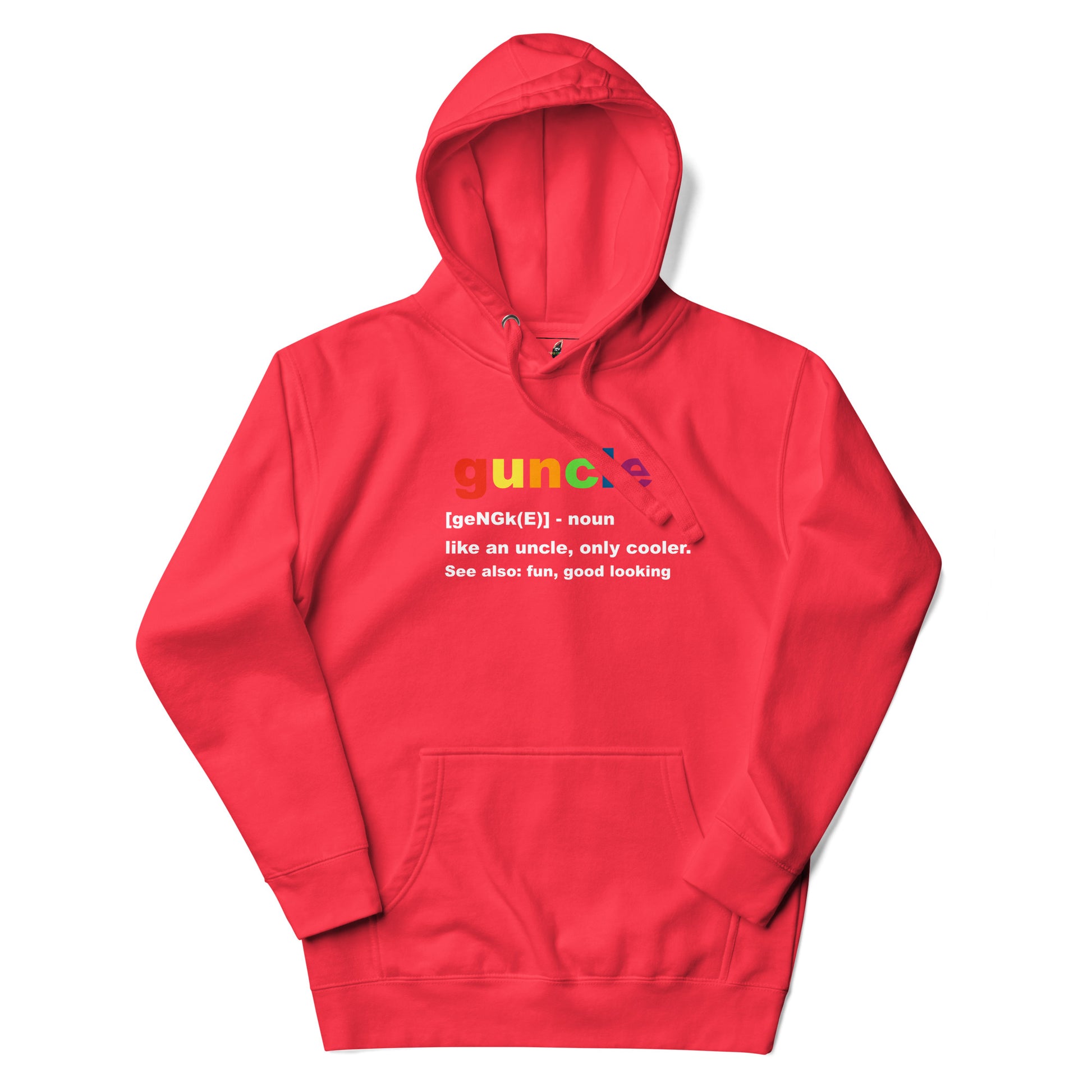 A red pullover hoodie with a colorful graphic on the chest reading 'gunc.