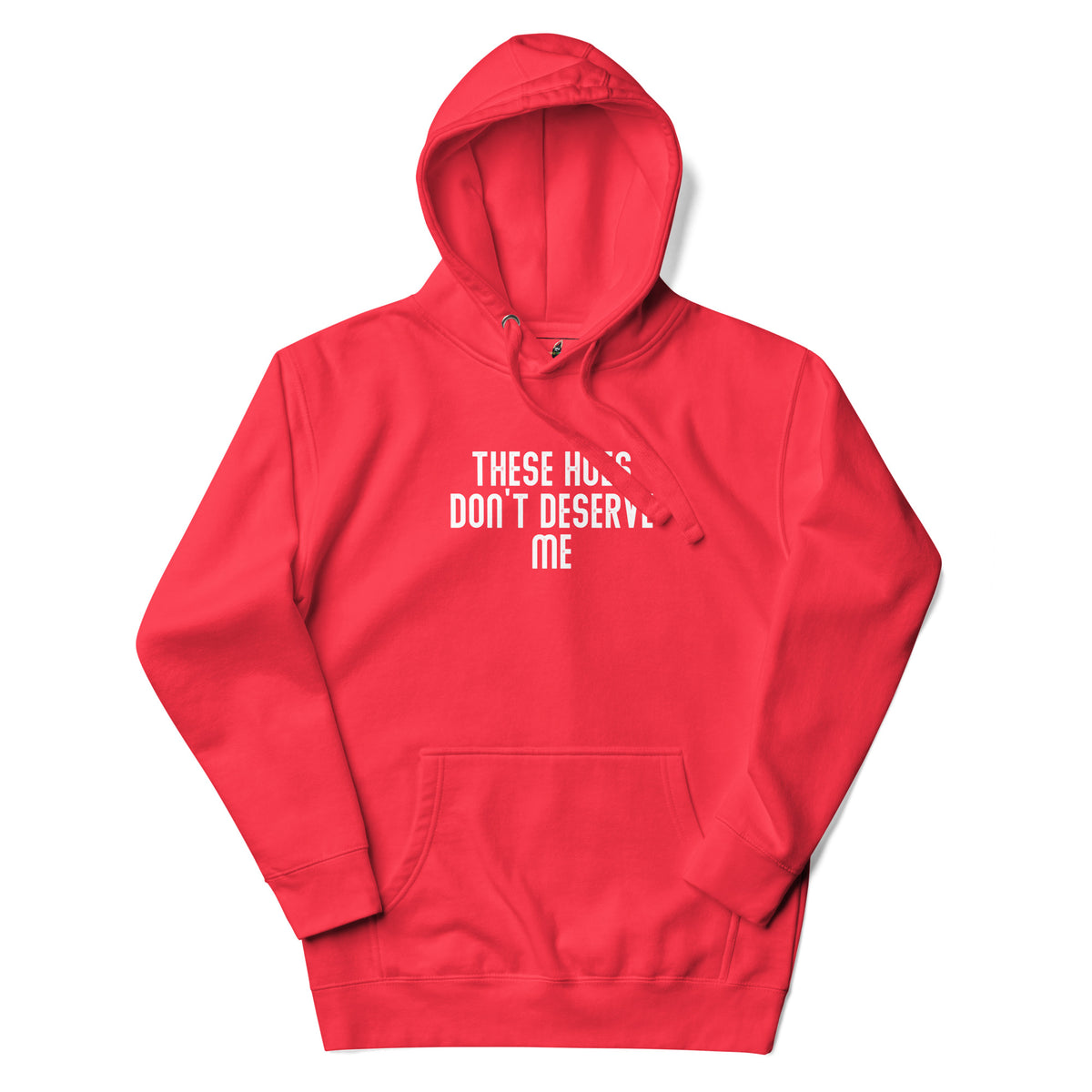 Red hoodie with a white crown graphic on a white background