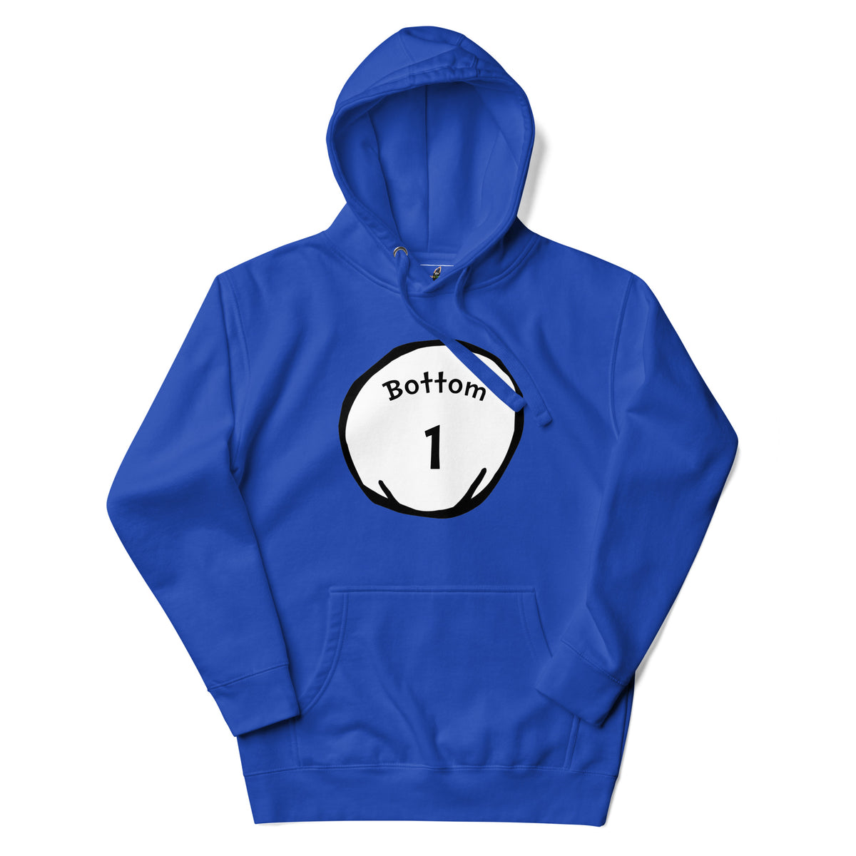 A royal blue pullover hoodie with a white circular graphic on the chest containing the text 'Bottom 1' in black, shown against a plain white background.