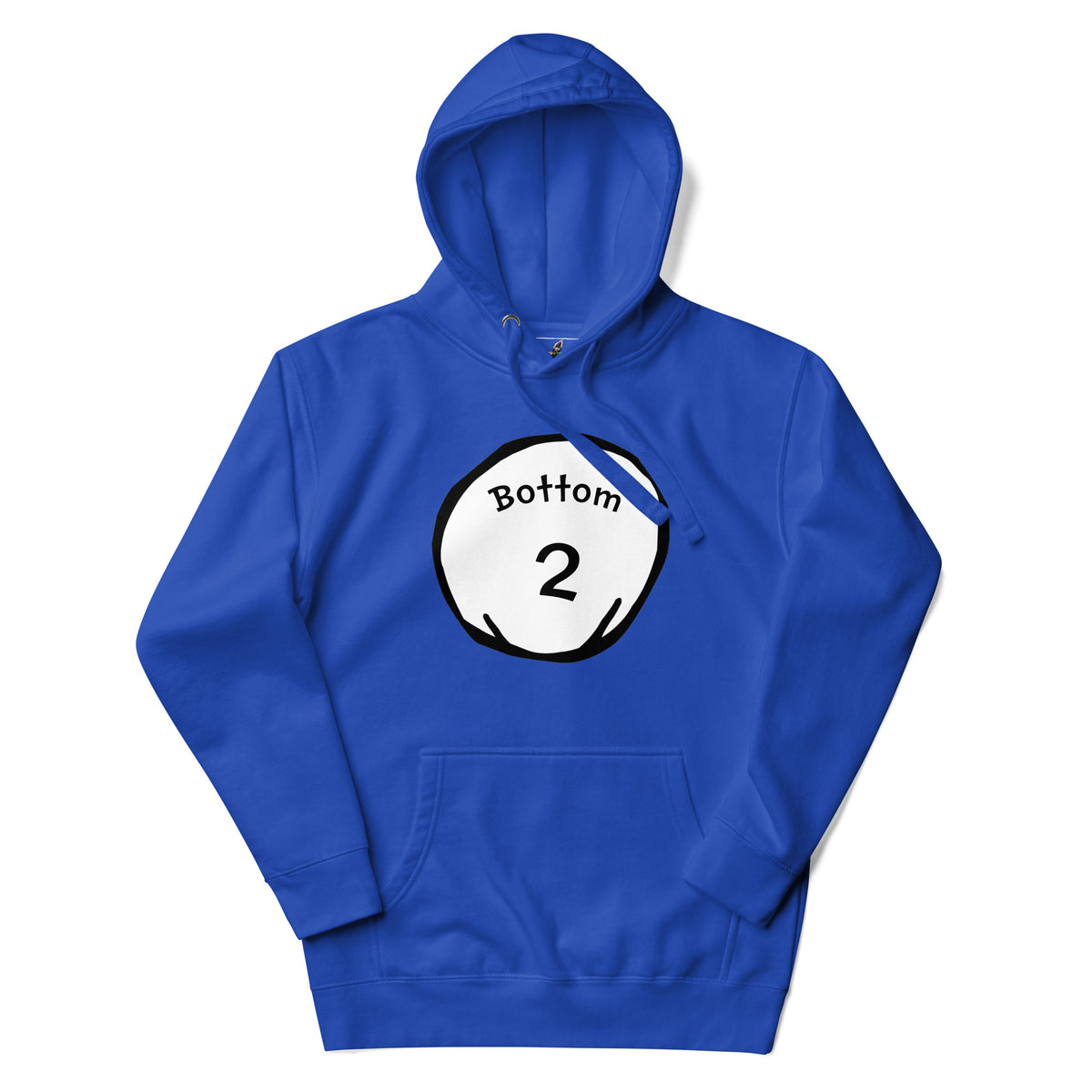 A royal blue pullover hoodie with a white circular graphic on the chest containing the text 'Bottom 2' in black, shown against a plain white background.