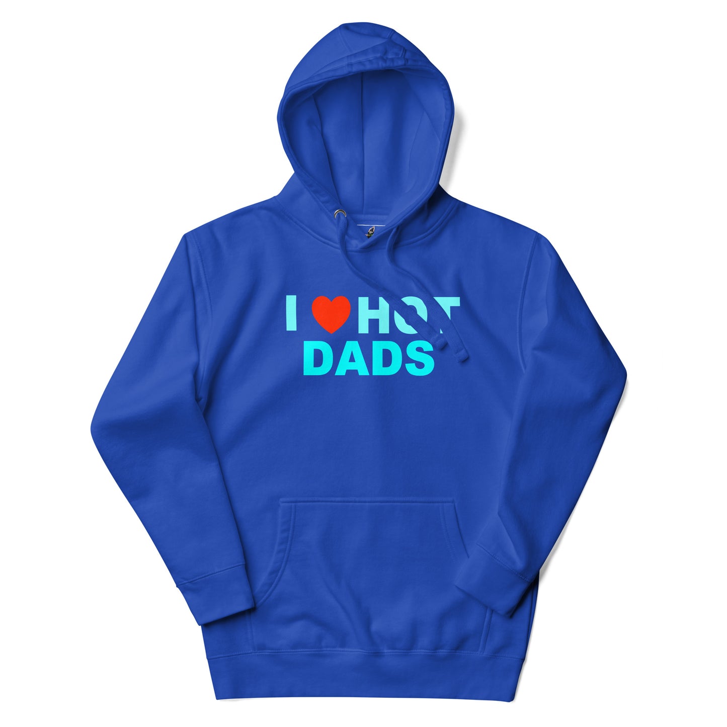 A royal blue pullover hoodie with a front kangaroo pocket and a graphic print reading 'I [red heart] HOT DADS' in white and light blue text, displayed on a clean white background.
