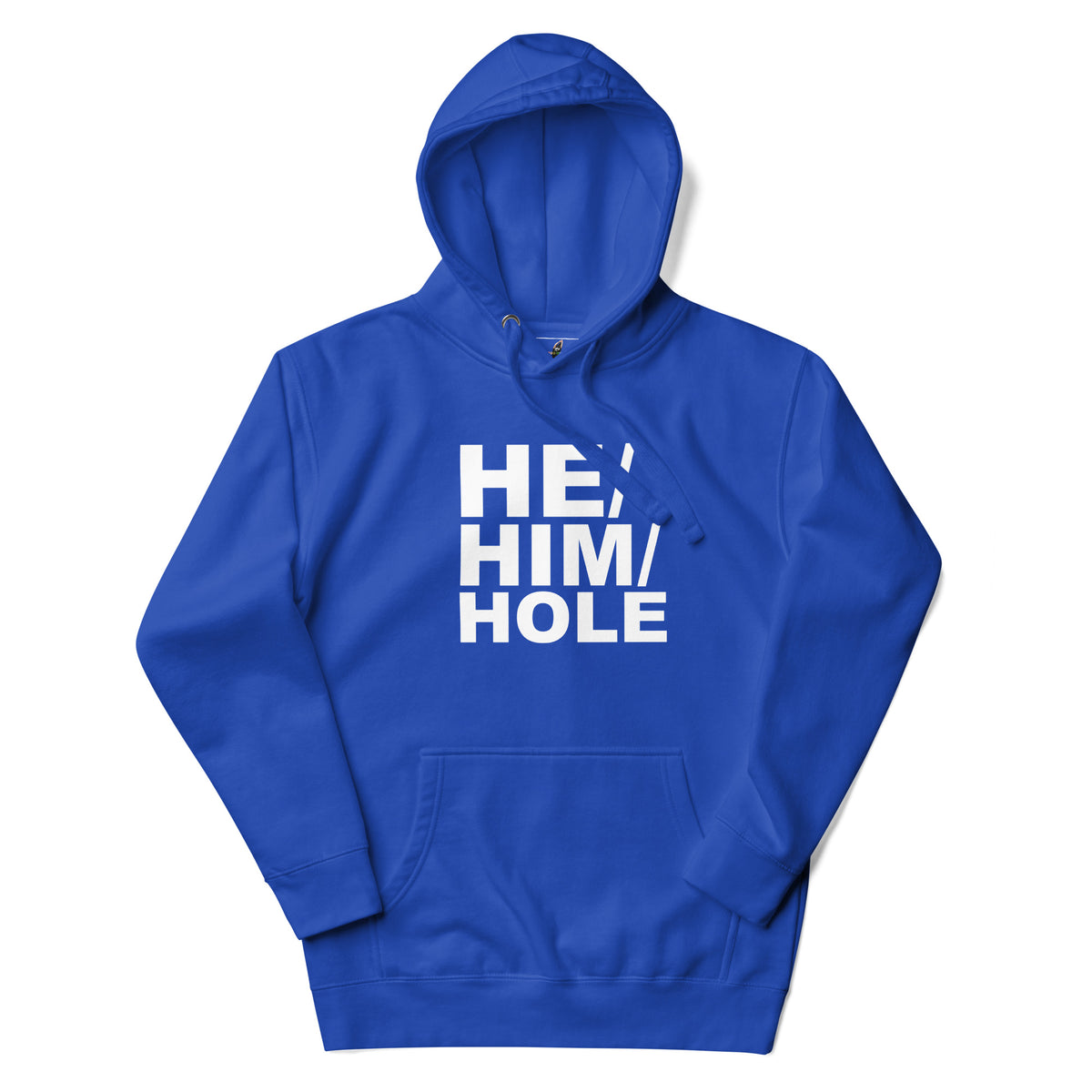 A royal blue pullover hoodie with a white graphic text print reading 'trust' on the chest, displayed against a clean white background.