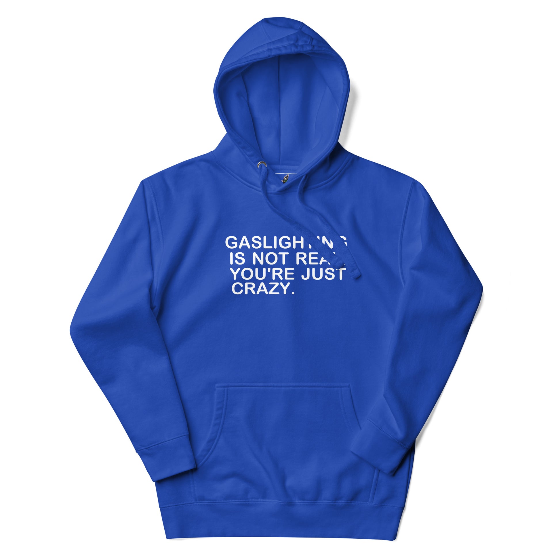 A royal blue pullover hoodie with white text on the chest reading 'GASLIGHT IS NOT REAL. YOU'RE JUST CRAZY.
