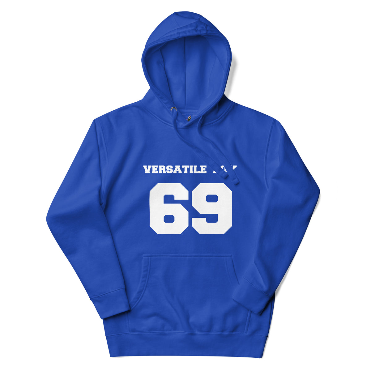 A royal blue pullover hoodie with 'VERSATILE' and the number '69' printed in bold white on the front, displayed on a clean white background.