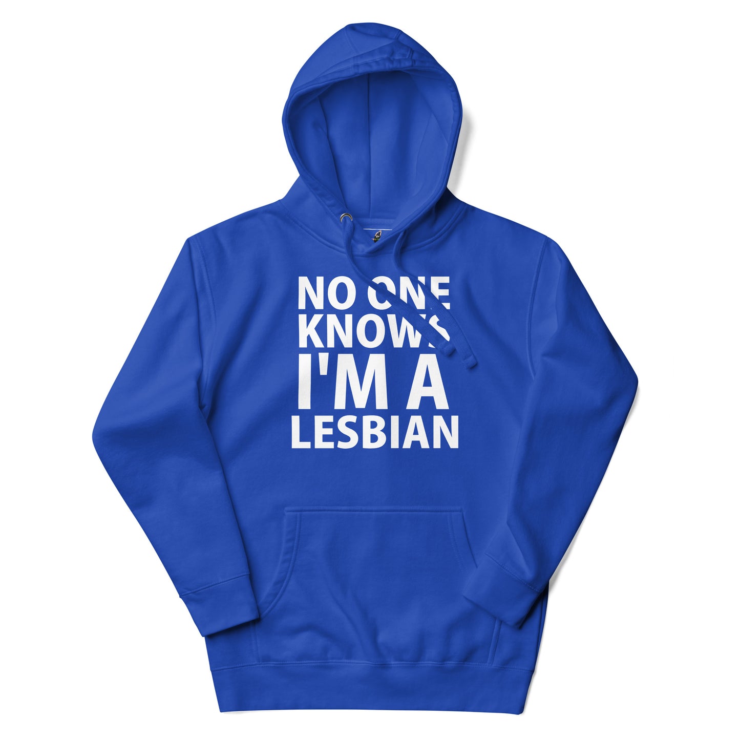 A royal blue pullover hoodie with white text on the front reading 'NO ONE KNOWS I'M A LESBIAN', shown on a plain white background.