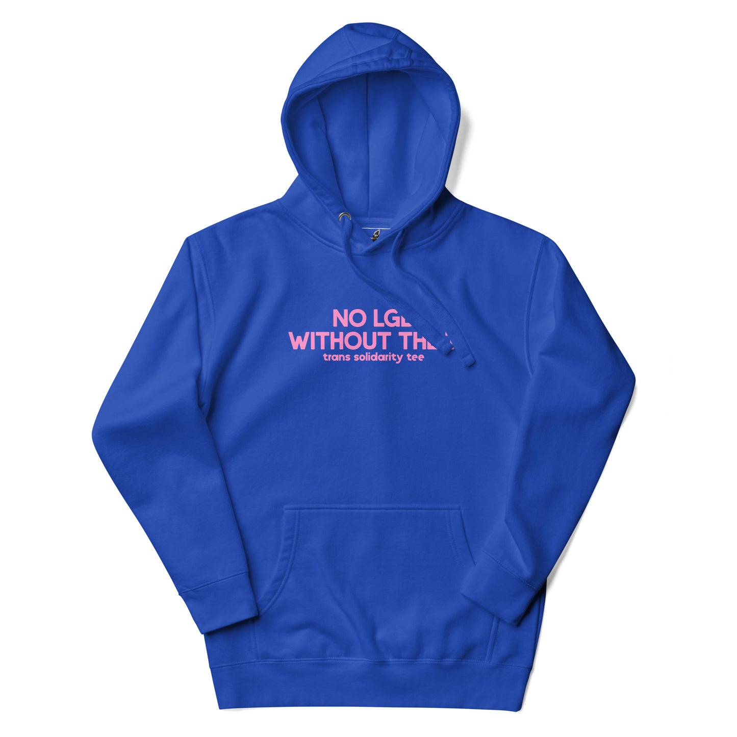 A royal blue pullover hoodie with a pink graphic text print reading 'NO L.G.