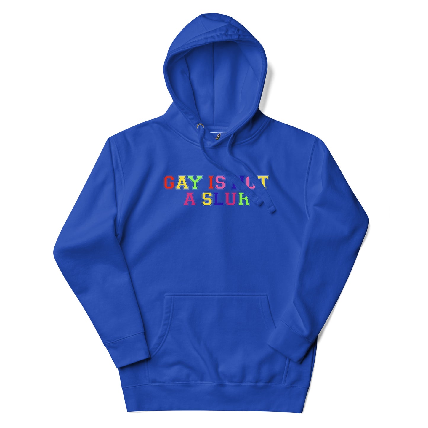 Blue hoodie with a bat logo on a white background