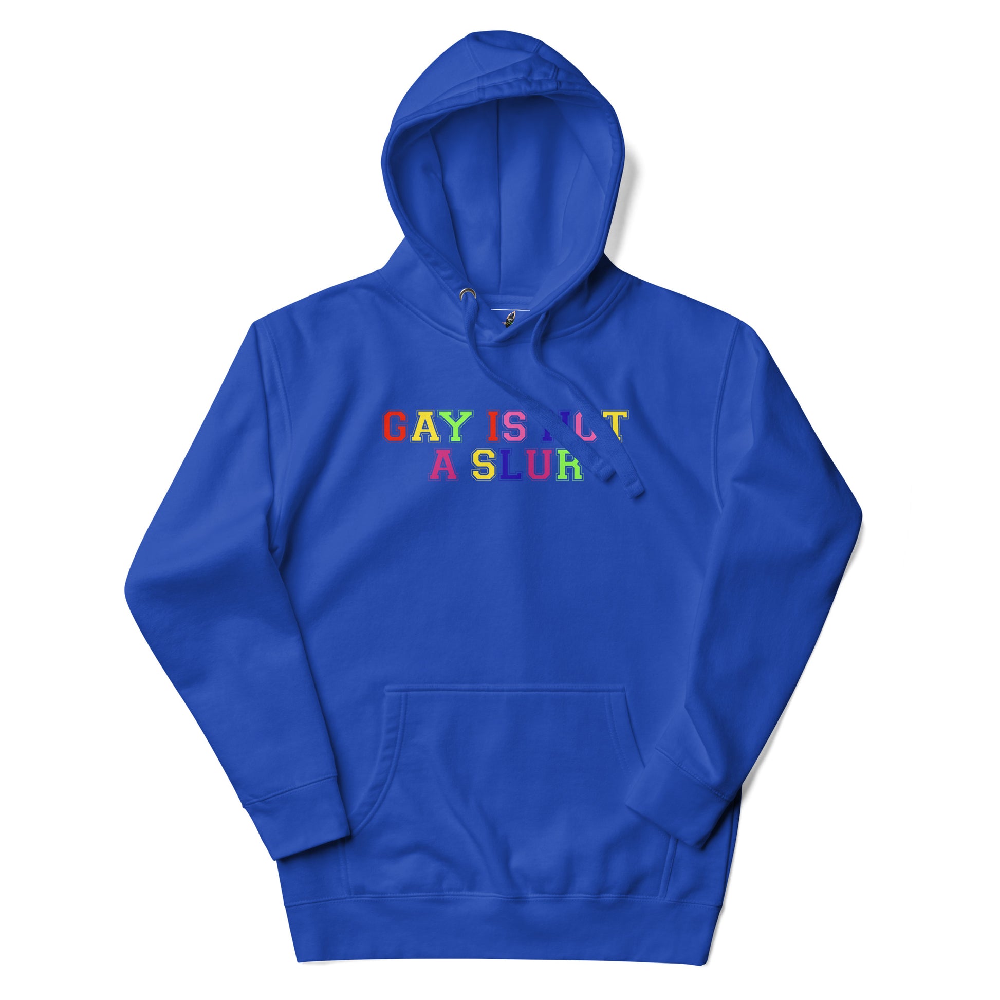 Blue hoodie with a bat logo on a white background