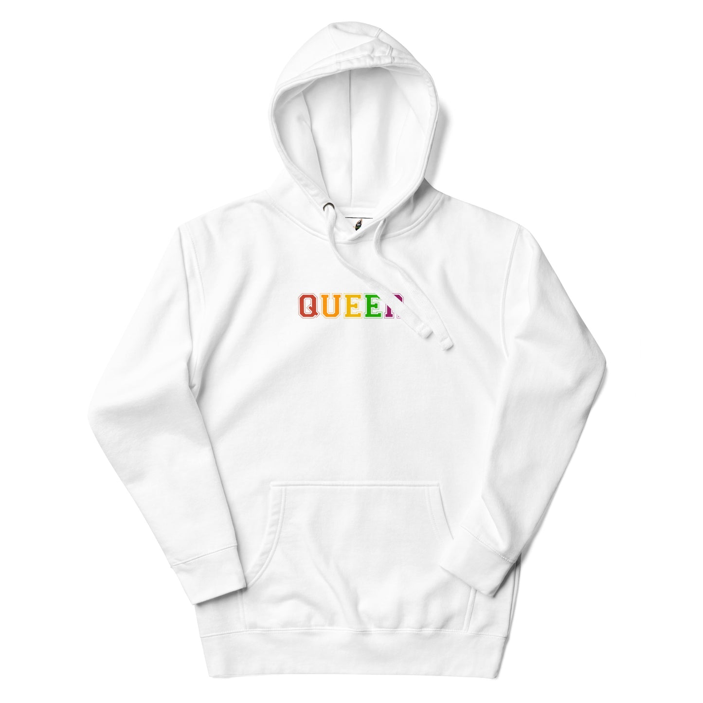 A white pullover hoodie with the word 'QUEEN' printed across the chest in a rainbow gradient, displayed on a clean white background.