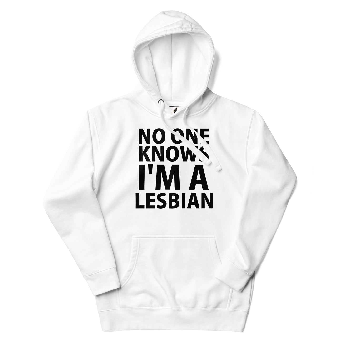 A white pullover hoodie with a black graphic text print reading 'NO ONE KNOWS I'M A LESBIAN' on the front, displayed against a solid white background.
