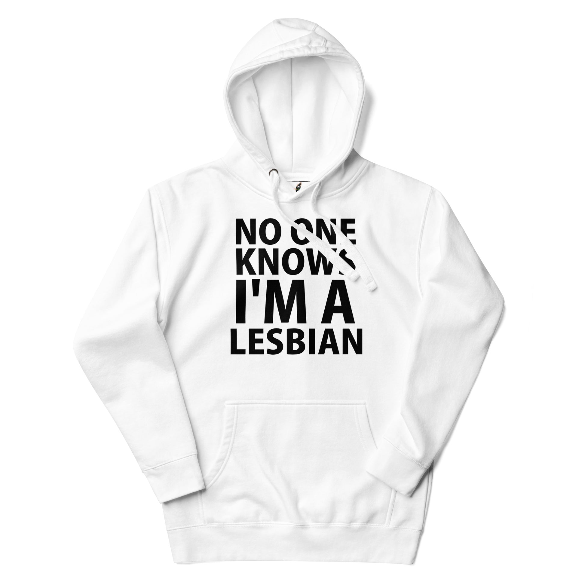 A white pullover hoodie with a black graphic text print reading 'NO ONE KNOWS I'M A LESBIAN' on the front, displayed against a solid white background.
