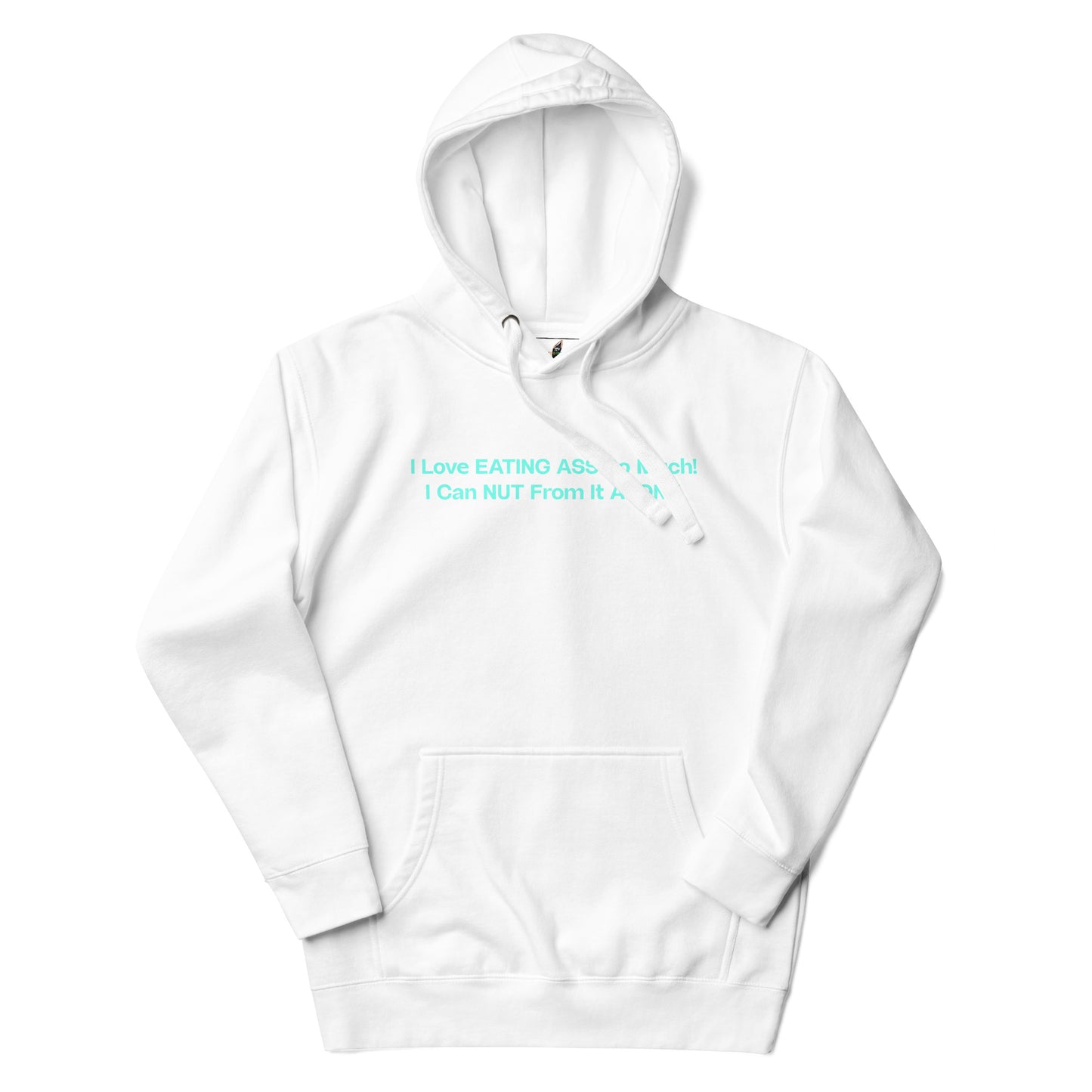 A white pullover hoodie with a kangaroo pocket and drawstring hood, featuring a light blue text graphic on the chest that reads 'I Love EATING ABS*CHT I Can NUT From A *%#'.