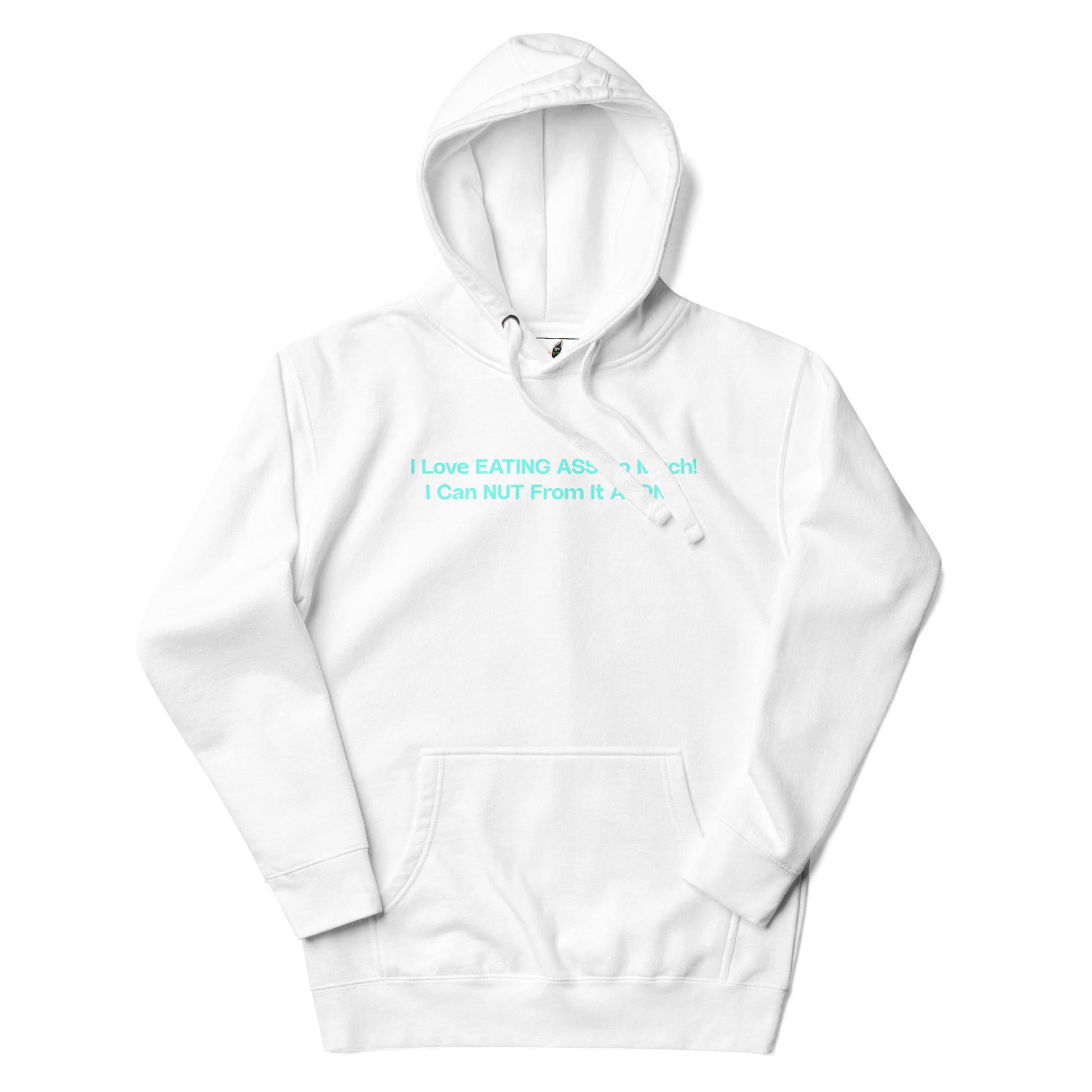 A white pullover hoodie with a kangaroo pocket and drawstring hood, featuring a light blue text graphic on the chest that reads 'I Love EATING ABS*CHT I Can NUT From A *%#'.