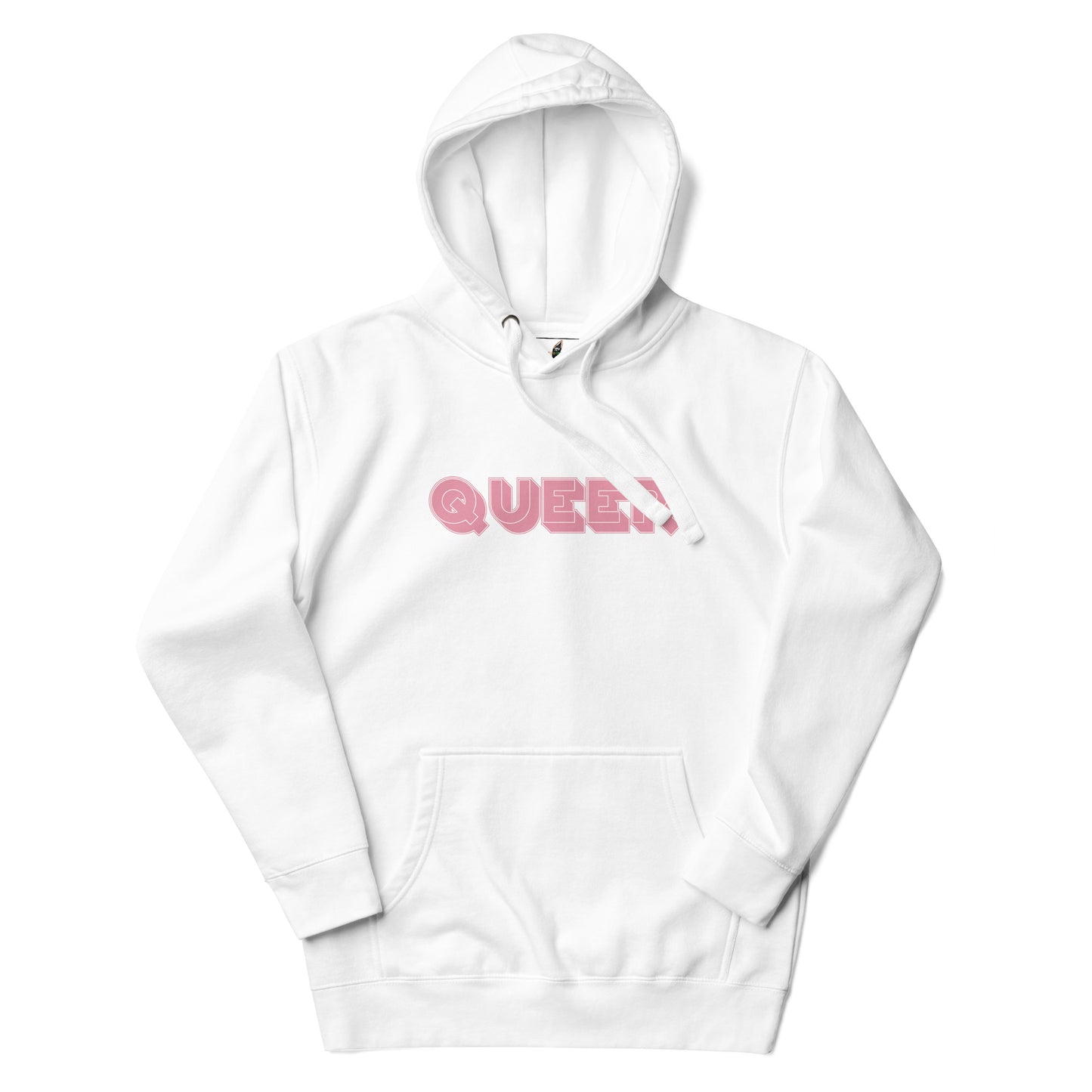A white pullover hoodie with a pink graphic text print reading 'QUEEN' across the chest, displayed on a clean white background.