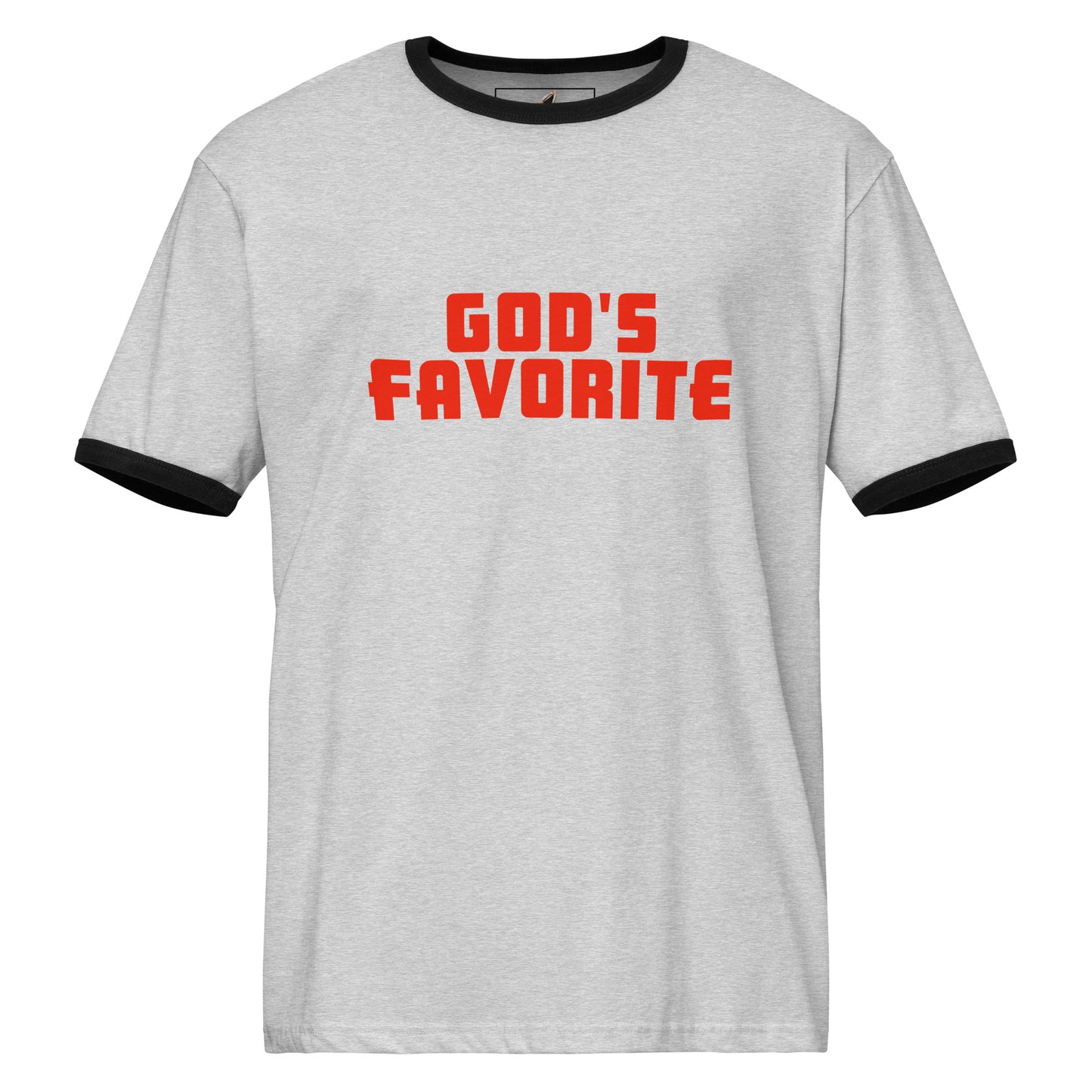 A light heather gray ringer t-shirt with black trim on the collar and sleeve cuffs, featuring the phrase 'GOD'S FAVORITE' printed in bold red block letters across the chest.