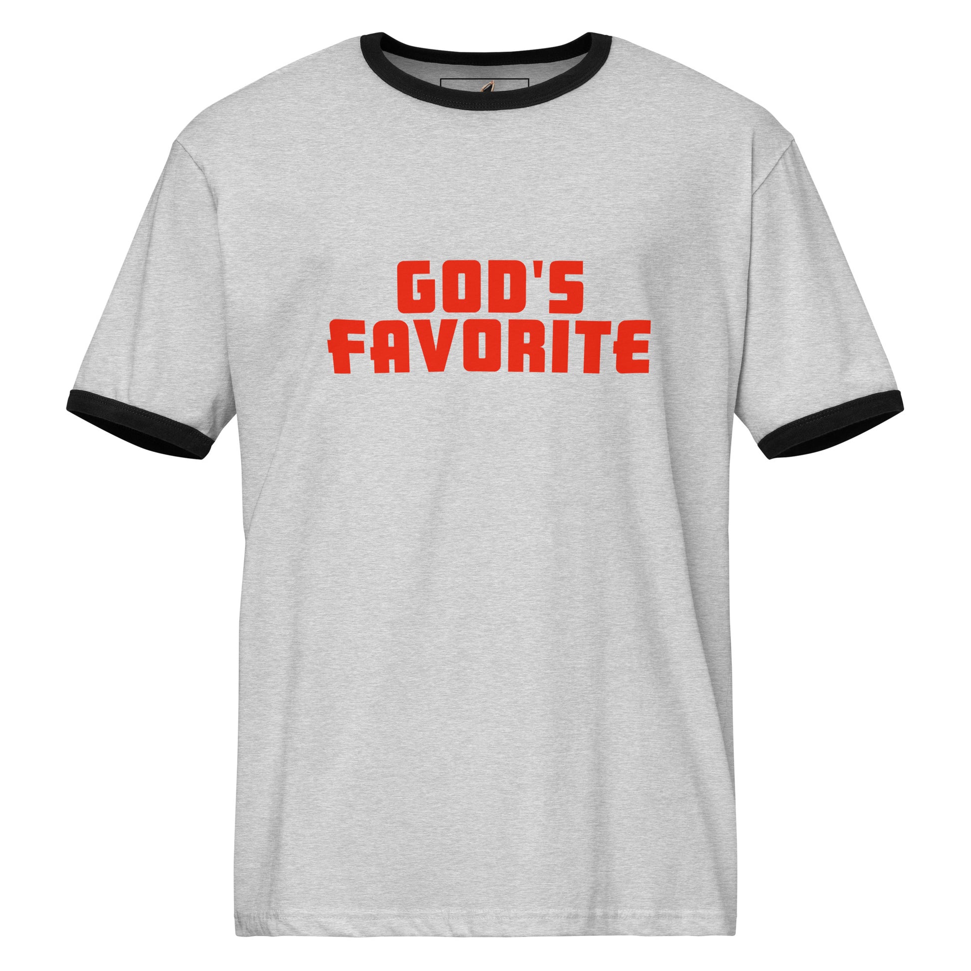 A light heather gray ringer t-shirt with black trim on the collar and sleeve cuffs, featuring the phrase 'GOD'S FAVORITE' printed in bold red block letters across the chest.