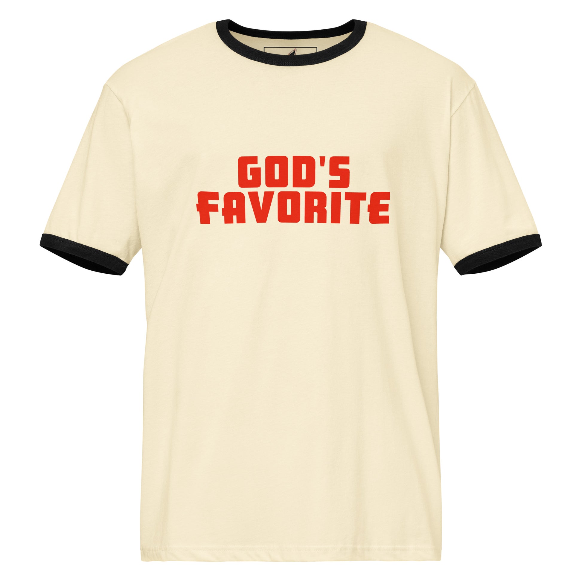 An off-white ringer t-shirt with black trim on the collar and sleeve cuffs, featuring the phrase 'GOD'S FAVORITE' printed in a bold red block font across the chest.