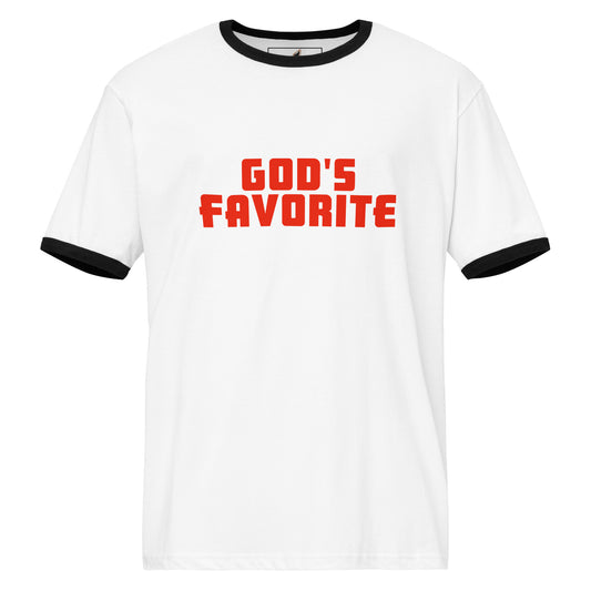 A white ringer t-shirt with black trim on the collar and sleeve cuffs, featuring the phrase 'GOD'S FAVORITE' printed in bold red block letters across the chest.
