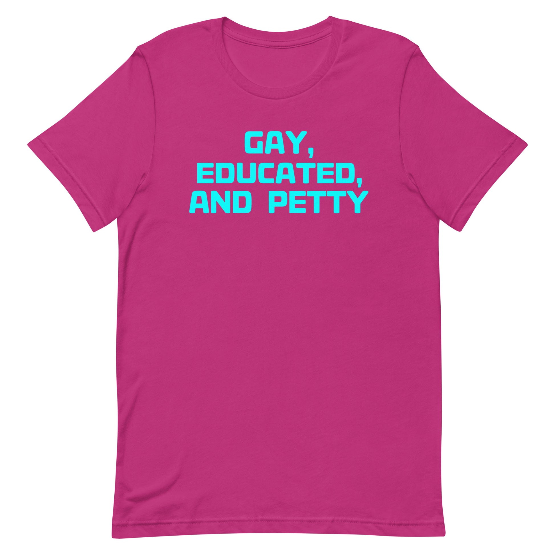 A bright pink short-sleeve crewneck t-shirt with the text 'GAY, EDUCATED, AND PETTY' printed in a bold cyan font across the chest, shown on a plain white background.