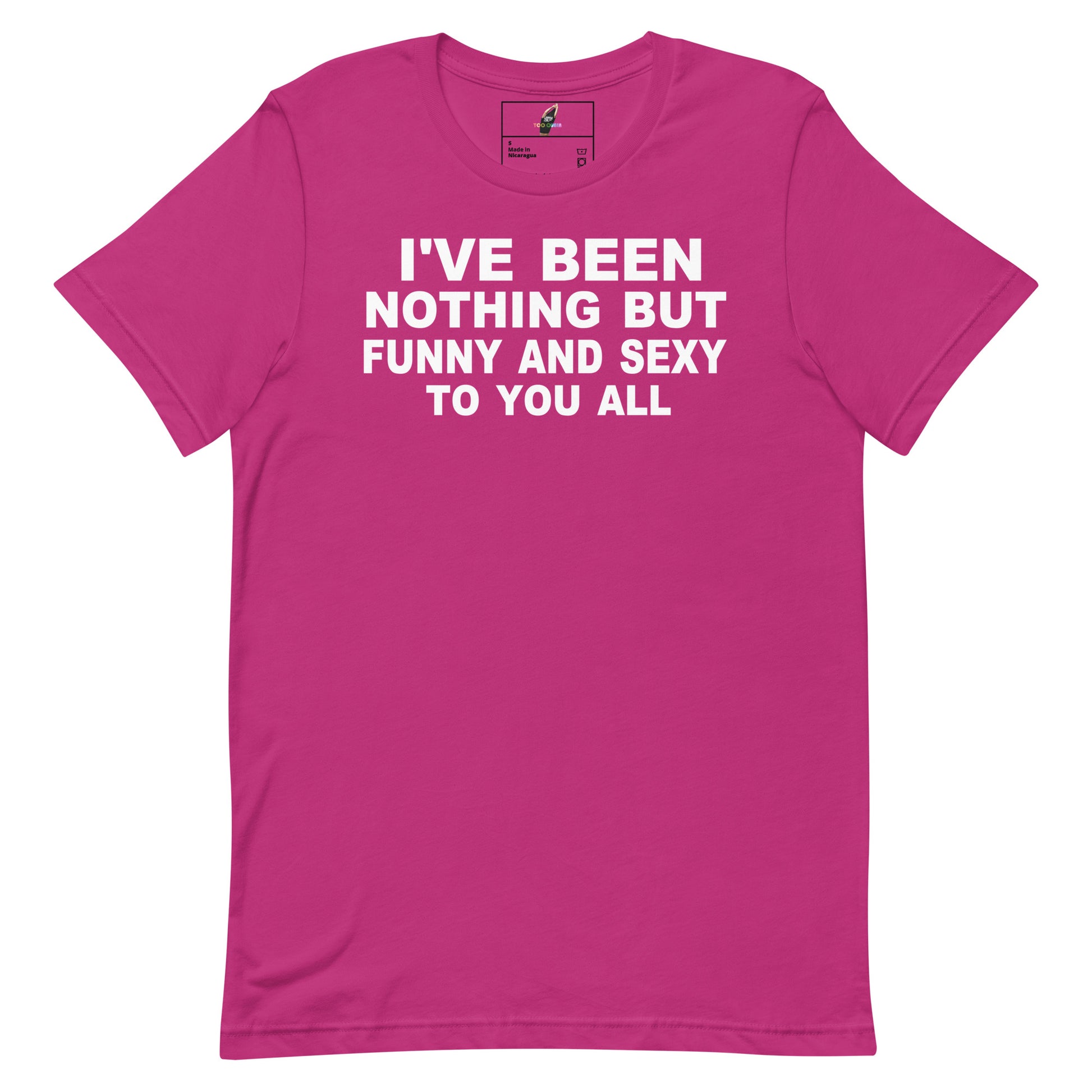 A bright pink short-sleeve crewneck t-shirt with bold white text on the chest that reads 'I'VE BEEN NOTHING BUT FUNNY AND SEXY TO YOU ALL'.