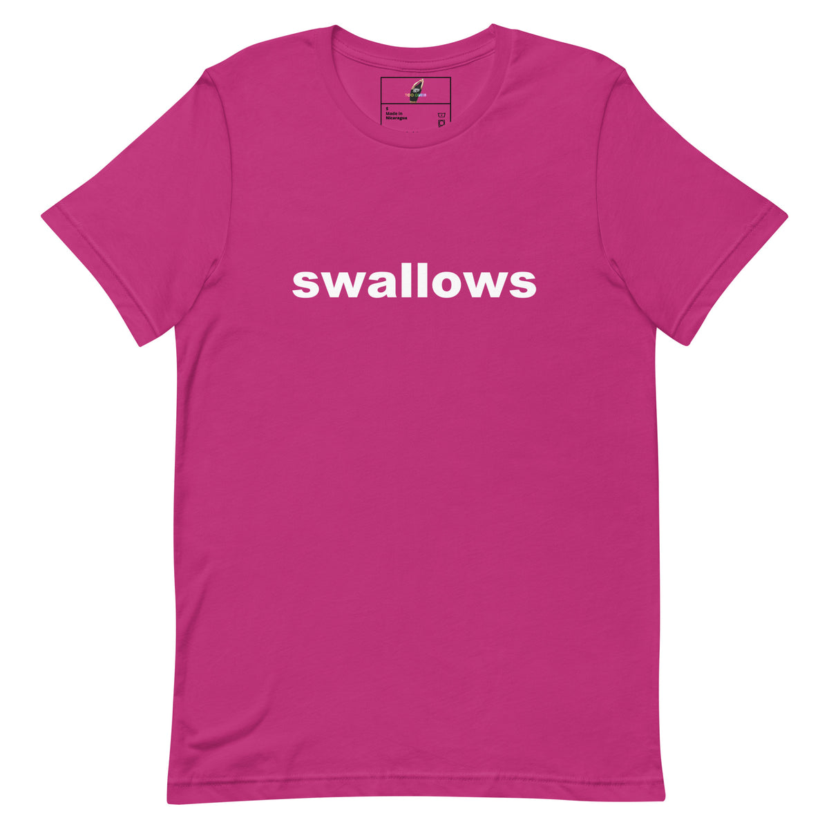 A bright pink short-sleeve crewneck t-shirt with the word 'swallows' printed in white lowercase letters across the chest, displayed flat against a solid white background.