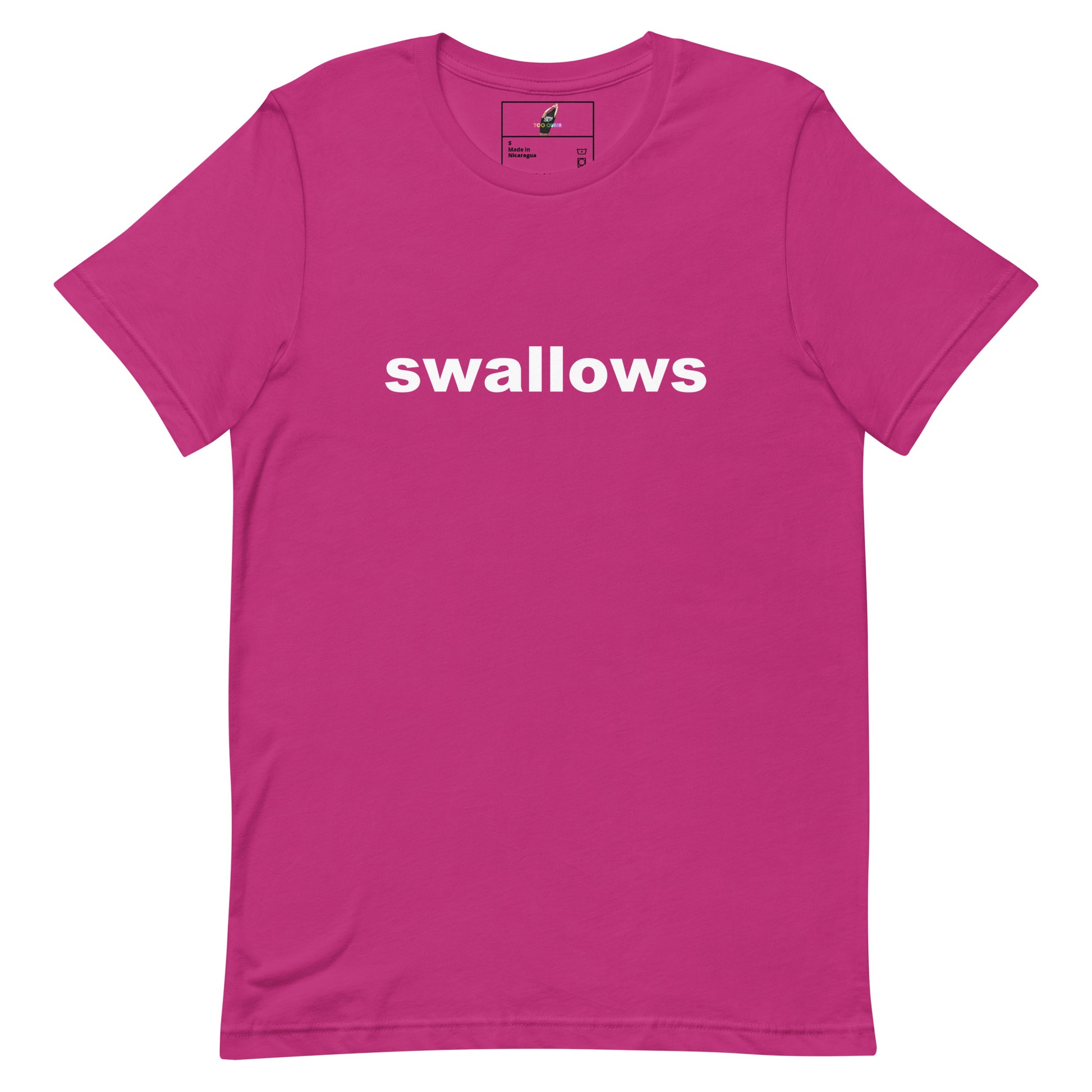 A bright pink short-sleeve crewneck t-shirt with the word 'swallows' printed in white lowercase letters across the chest, displayed flat against a solid white background.