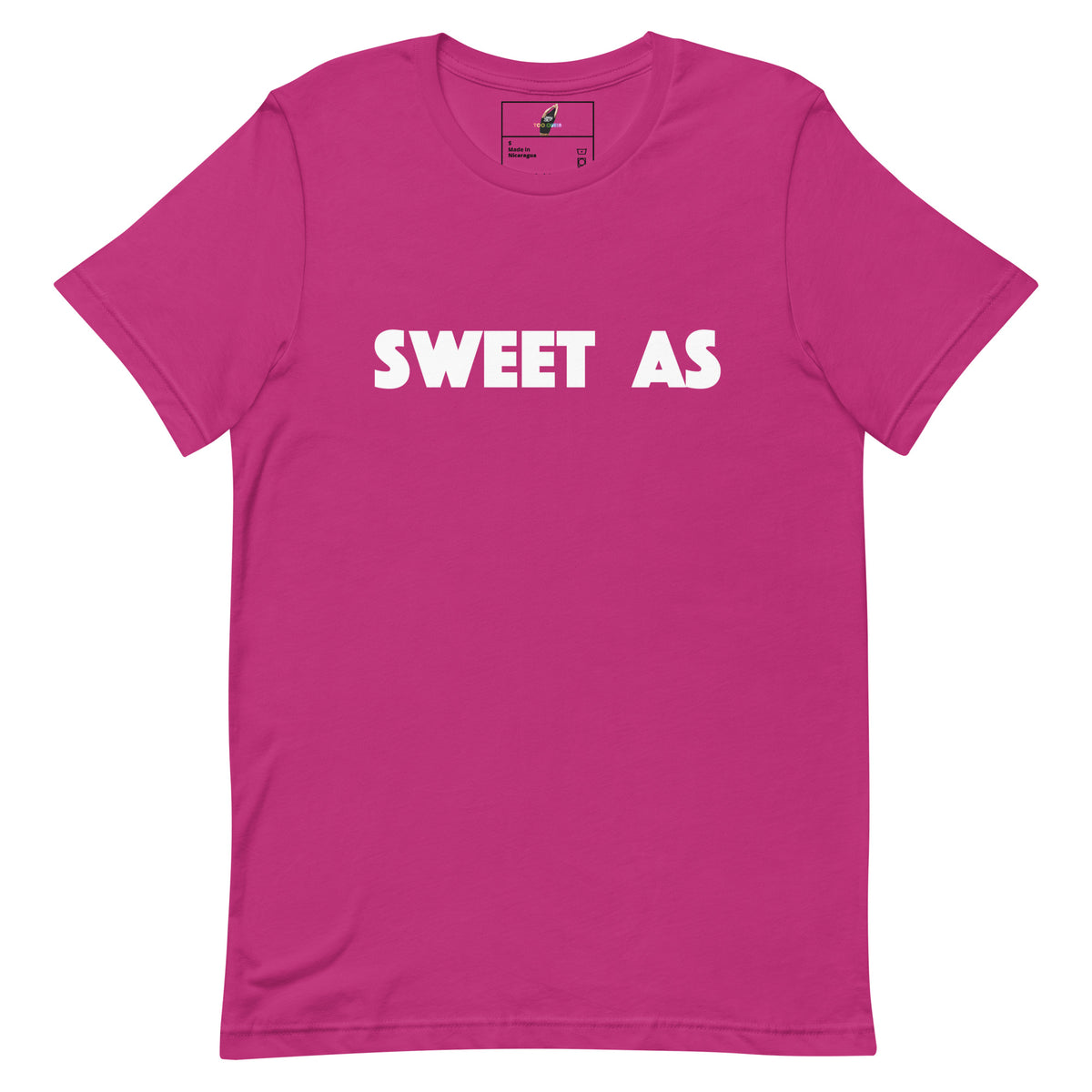 A bright pink short-sleeve crewneck t-shirt with the words 'SWEET AS' printed in bold white capital letters across the chest, displayed flat against a solid white background.