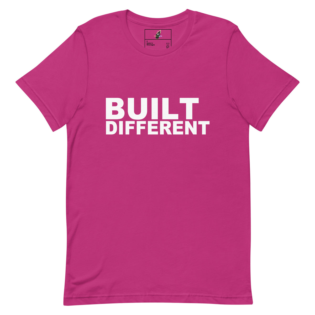 A bright pink short-sleeve crewneck t-shirt with the words 'BUILT DIFFERENT' printed in bold white capital letters across the chest, displayed on a clean white background.