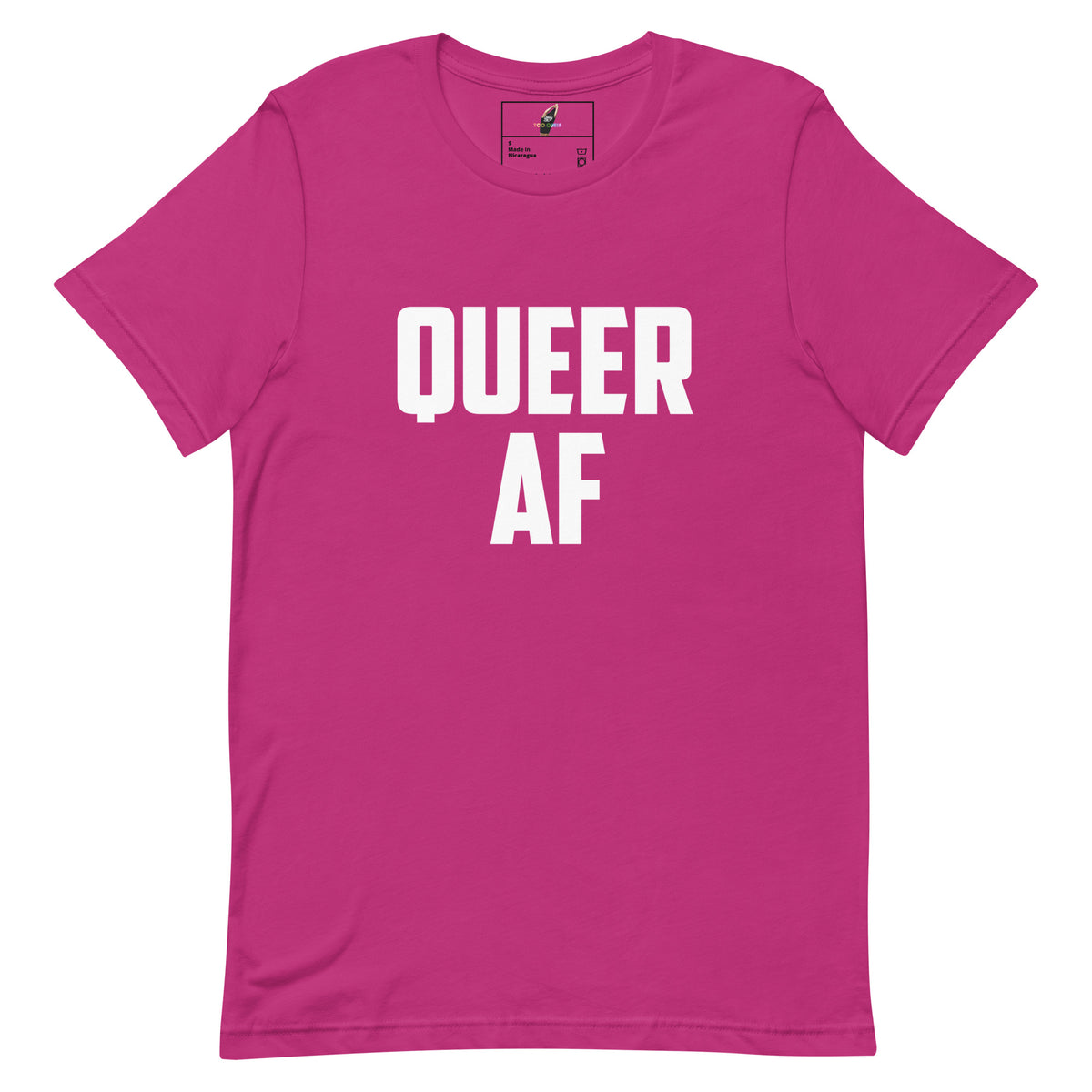 A bright pink short-sleeve crewneck t-shirt with the words 'QUEER AF' printed in bold white capital letters across the chest, displayed flat against a solid white background.