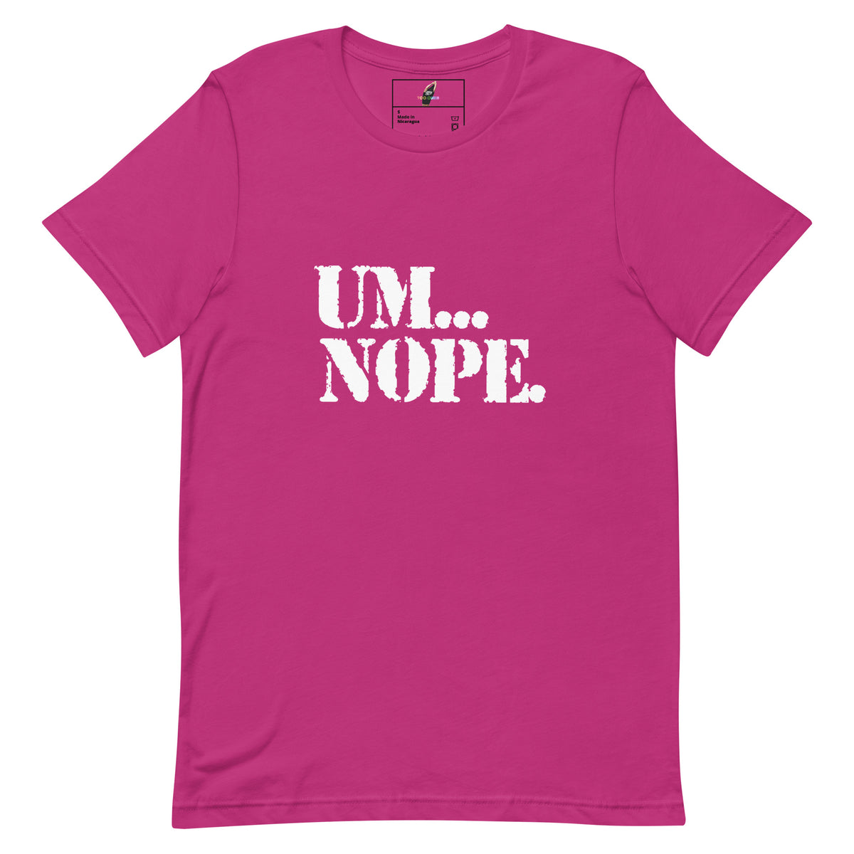 A bright pink short-sleeve crewneck t-shirt with the text 'UM.