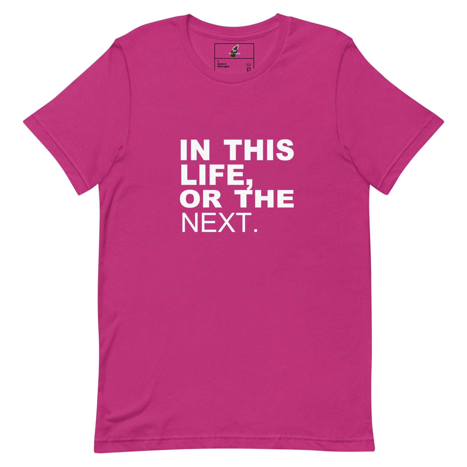 A bright pink short-sleeve crewneck t-shirt with the phrase 'IN THIS LIFE, OR THE NEXT.' printed in bold white capital letters on the chest, displayed on a clean white background.
