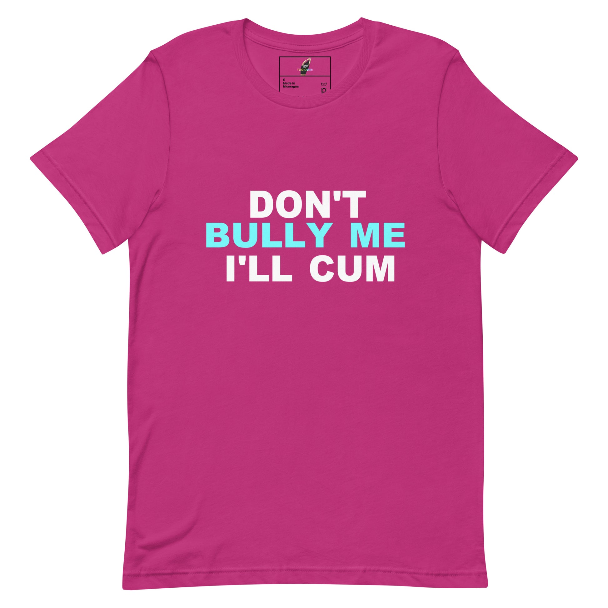 A bright pink short-sleeve t-shirt with the text 'DON'T BULLY ME I'LL CUM' printed on the chest in white and light blue, displayed on a clean white background.