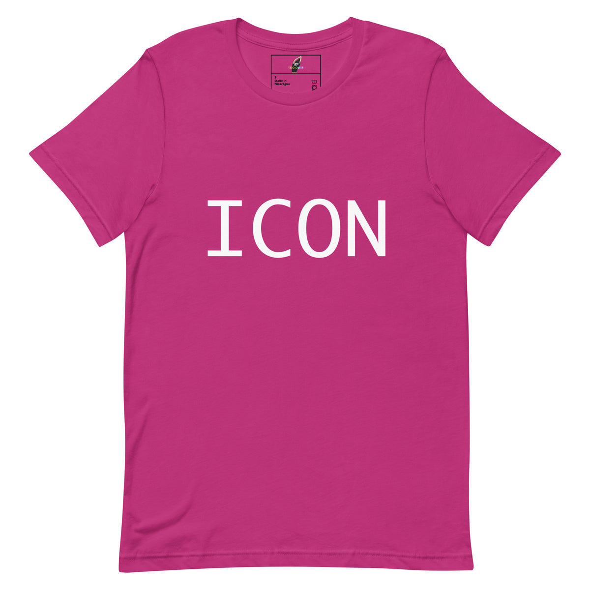 A bright pink short-sleeve crewneck t-shirt with the word 'ICON' printed in bold white capital letters across the chest, displayed on a clean white background.