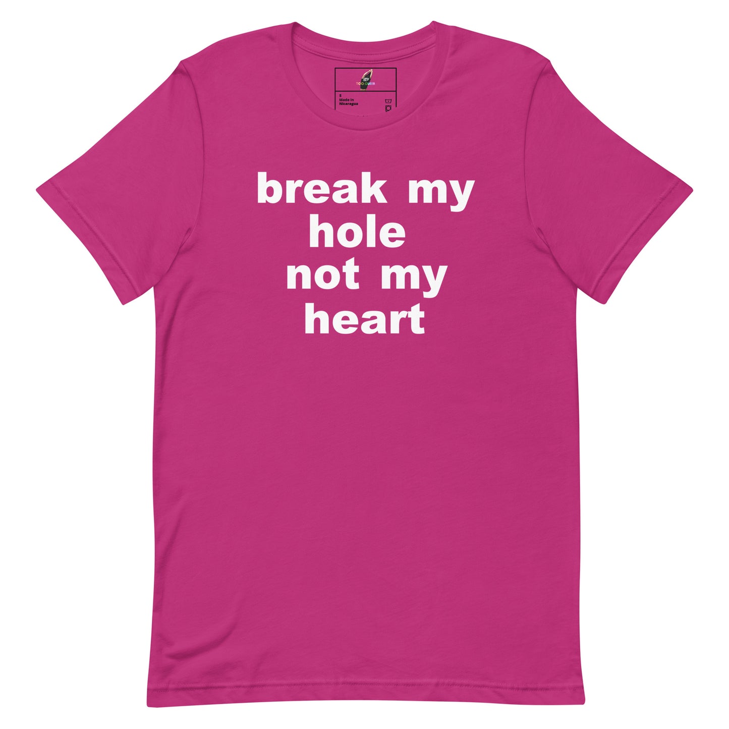 A bright pink short-sleeve t-shirt with the phrase 'break my hole not my heart' printed in bold white lowercase letters across the chest, displayed on a clean white background.