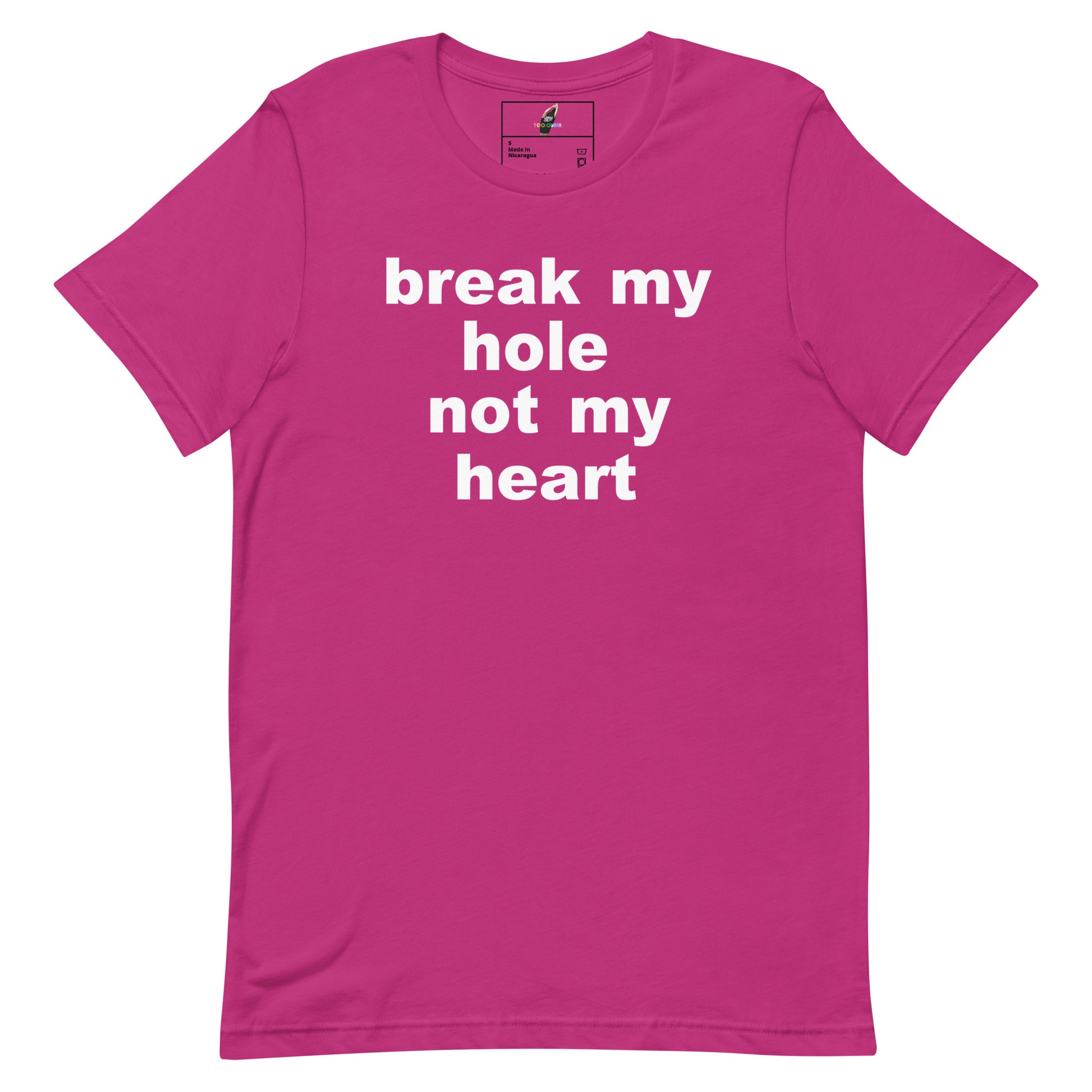 A bright pink short-sleeve t-shirt with the phrase 'break my hole not my heart' printed in bold white lowercase letters across the chest, displayed on a clean white background.