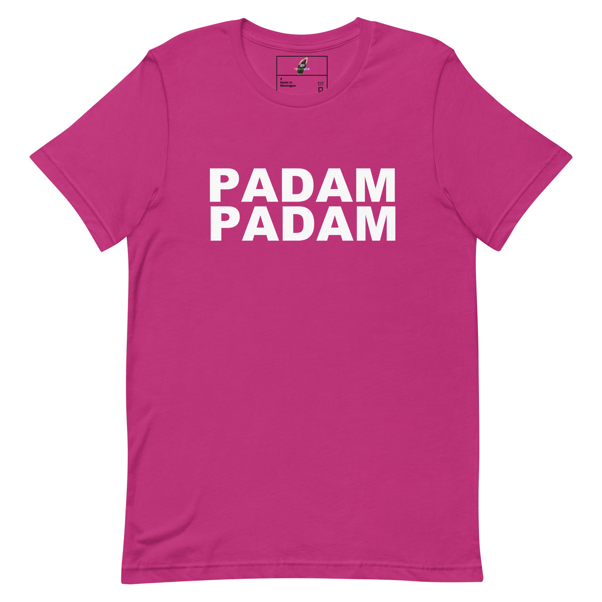 A bright pink short-sleeve crewneck t-shirt with the words 'PADAM PADAM' printed in bold white capital letters across the chest, displayed flat against a solid white background.