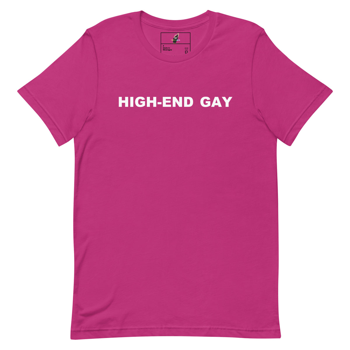 A bright pink short-sleeve crewneck t-shirt with the words 'HIGH-END GAY' printed in white capital letters across the chest, displayed on a clean white background.