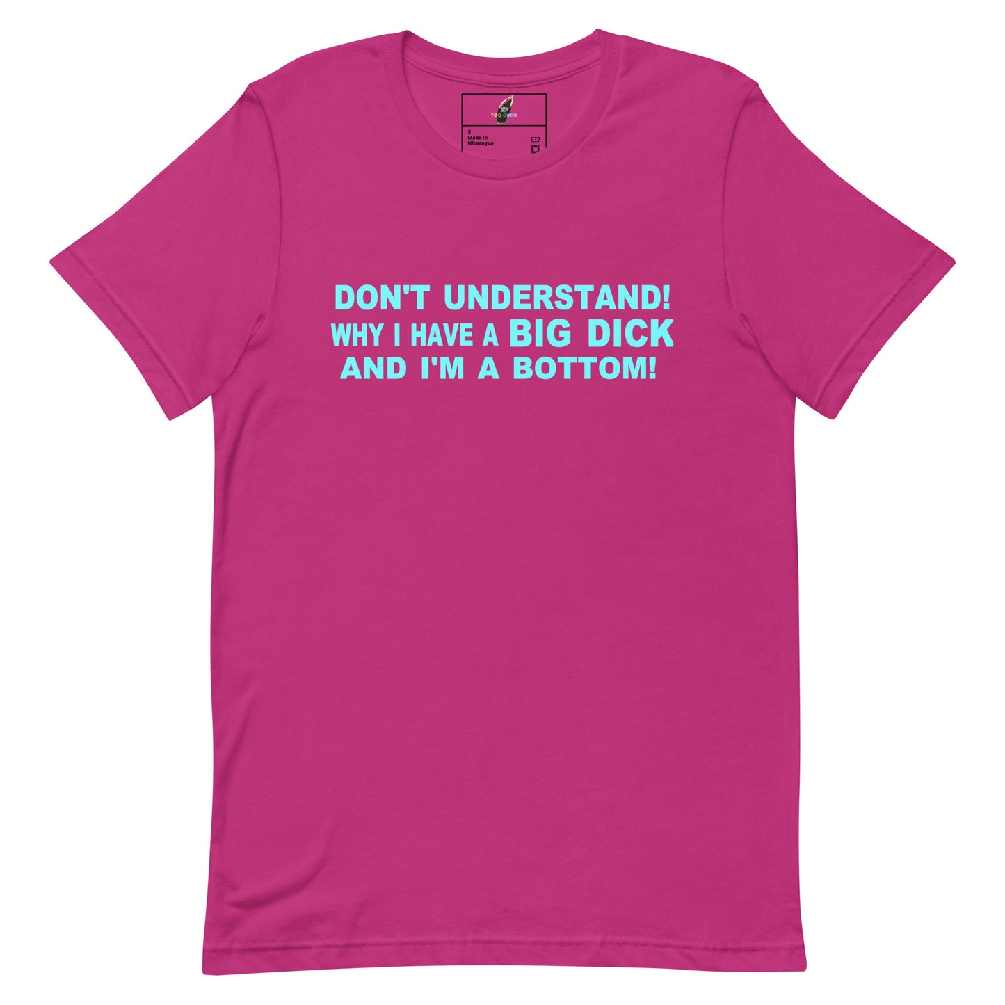 A bright pink short-sleeve crewneck t-shirt with a bold light blue text graphic on the chest that reads 'DON'T UNDERSTAND! WHY I HAVE A BIG DICK AND I'M A BOTTOM!'. The t-shirt is displayed flat against a solid white background.