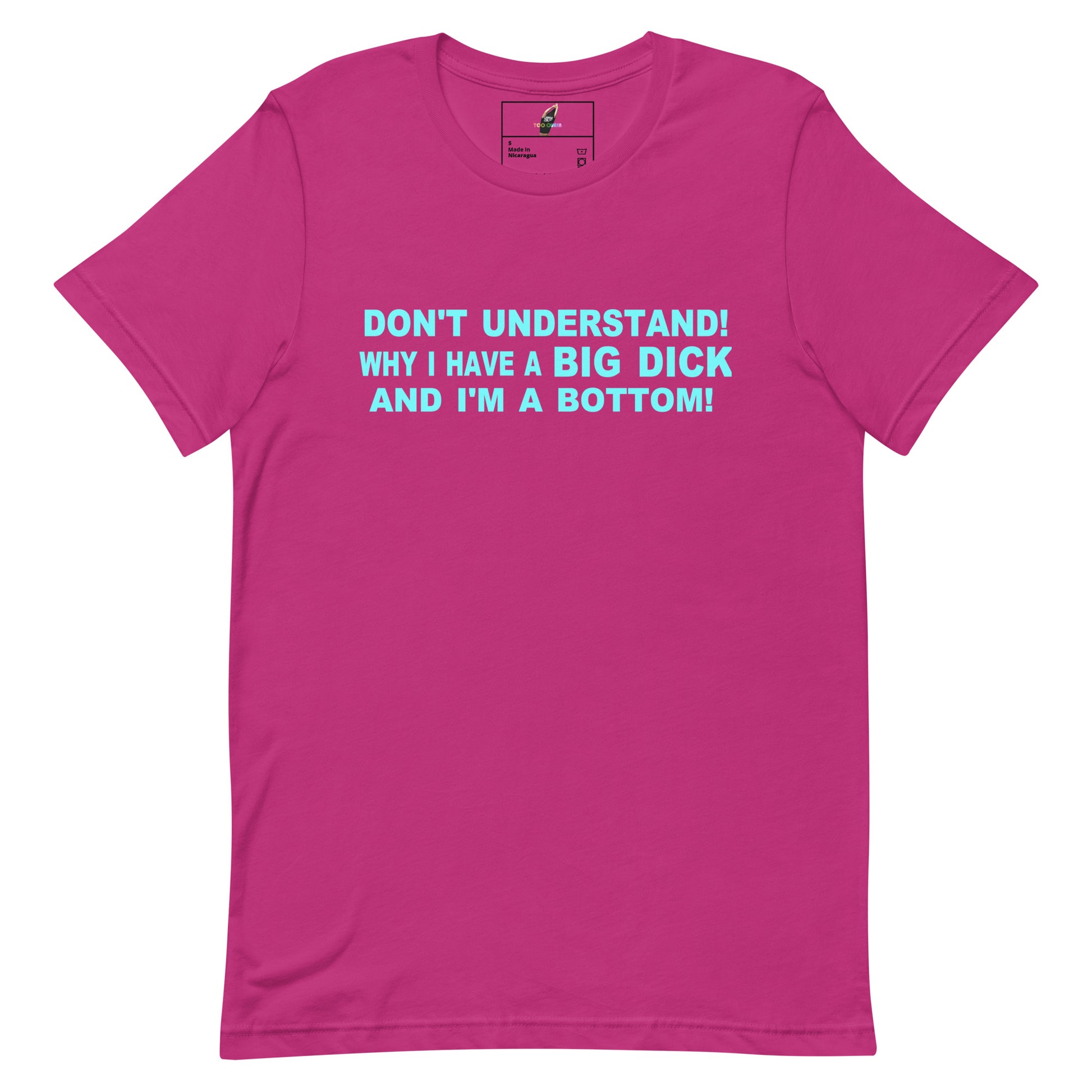 A bright pink short-sleeve crewneck t-shirt with a bold light blue text graphic on the chest that reads 'DON'T UNDERSTAND! WHY I HAVE A BIG DICK AND I'M A BOTTOM!'. The t-shirt is displayed flat against a solid white background.
