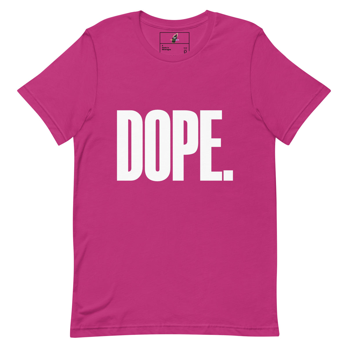 A bright pink short-sleeve crewneck t-shirt with the word 'DOPE.' printed across the chest in bold white capital letters, shown flat against a plain white background.