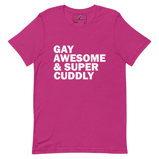 A bright pink short-sleeve t-shirt with bold white text on the front reading 'GAY AWESOME & SUPER CUDDLY'.