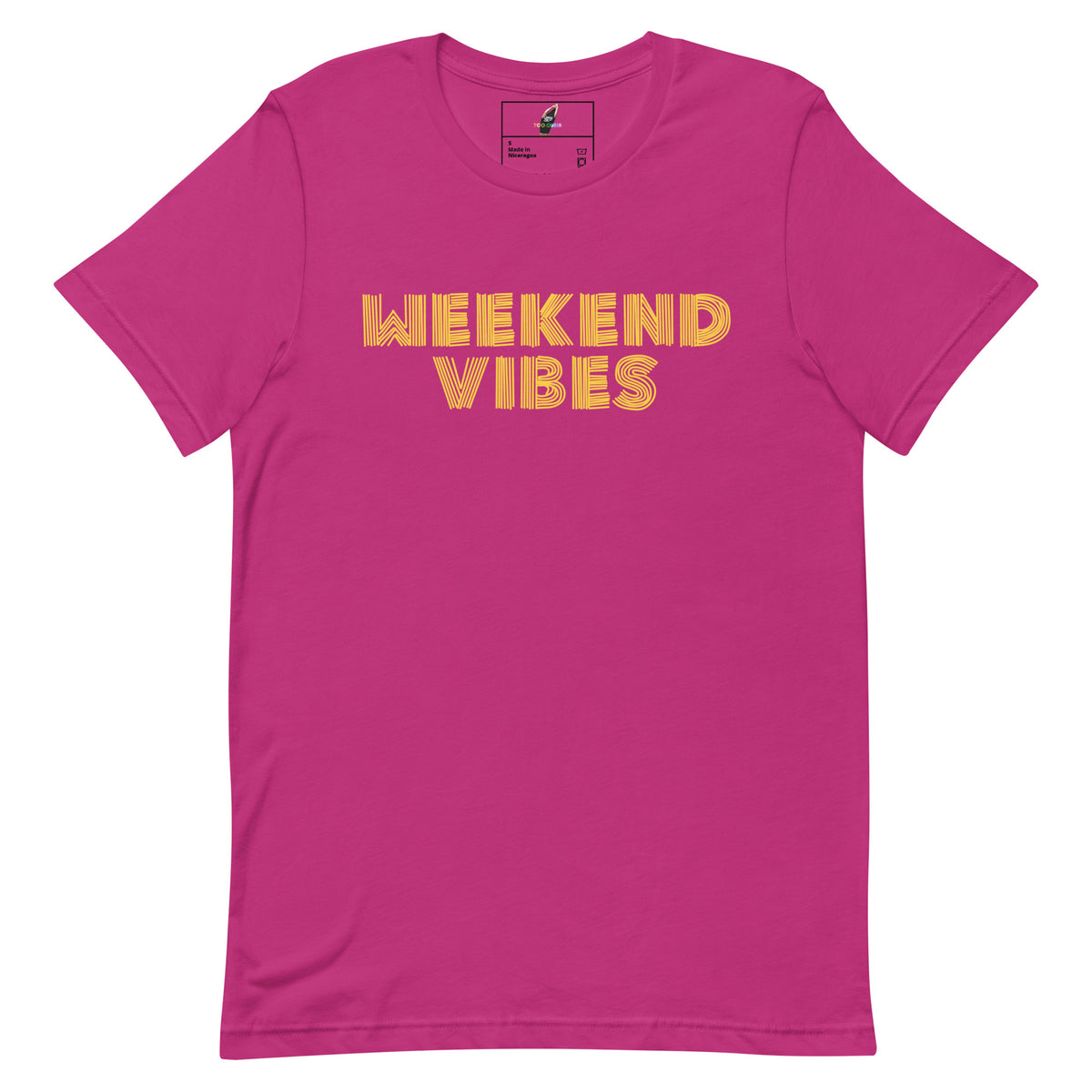 A bright pink short-sleeve crewneck t-shirt with 'WEEKEND VIBES' printed across the chest in a textured yellow font, displayed on a clean white background.