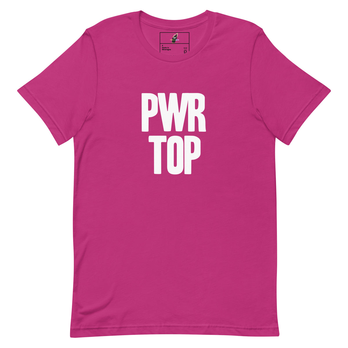 A bright pink short-sleeve crewneck t-shirt with the words 'PWR TOP' printed in bold white capital letters on the chest, displayed flat against a plain white background.