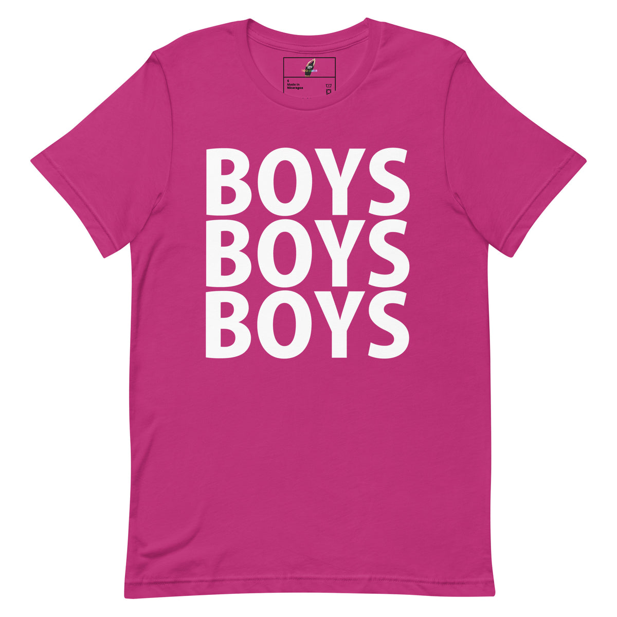 A bright pink short-sleeve t-shirt with the word 'BOYS' printed vertically three times in large white block letters on the front, displayed on a clean white background.