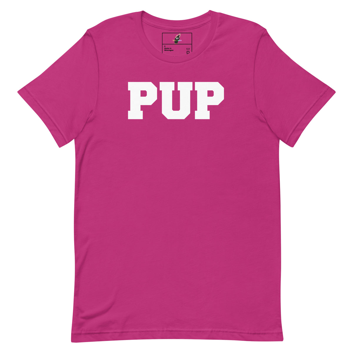 A bright pink short-sleeve crewneck t-shirt with the word 'PUP' printed in bold white varsity-style letters across the chest, displayed on a clean white background.